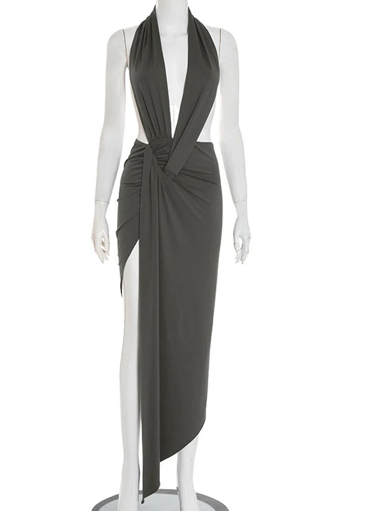 Halter V Neck Twist Front Dress -