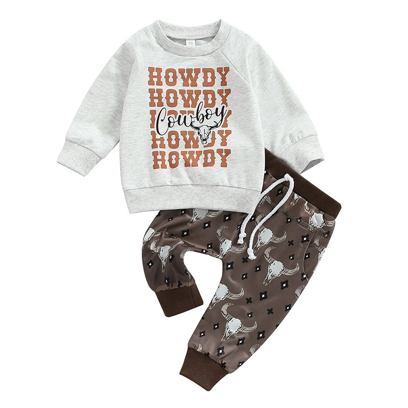 2pcs Autumn Causal Baby Boys Clothes Sets 0-3Y Long Sleeve Letter Cow Bull Print Sweatshirt Tops Drawstring Pants -