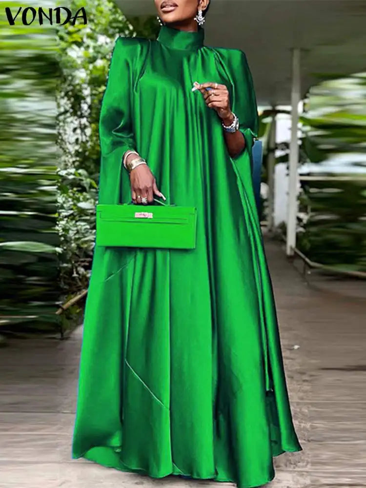 Plus Size 5XL VONDA 2023 Women Stand Collar Elegant Satin Dress Long Bat Sleeve Evening Pleated Maxi Sundress Casual Solid Robe -