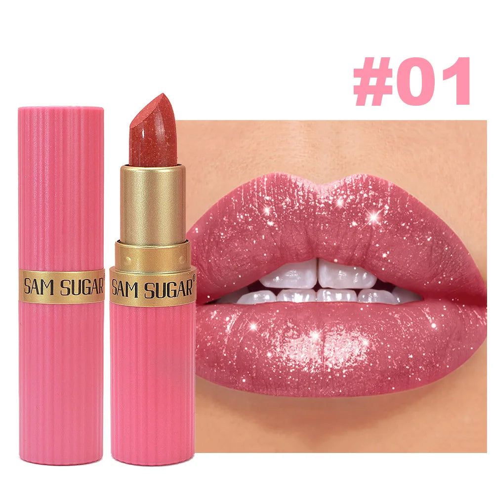 Pearlescent Pink Glitter Velvet Lipstick Metallic Waterproof Long Lasting Matte Shimmer Diamond Lipstick Women Makeup Cosmetic -
