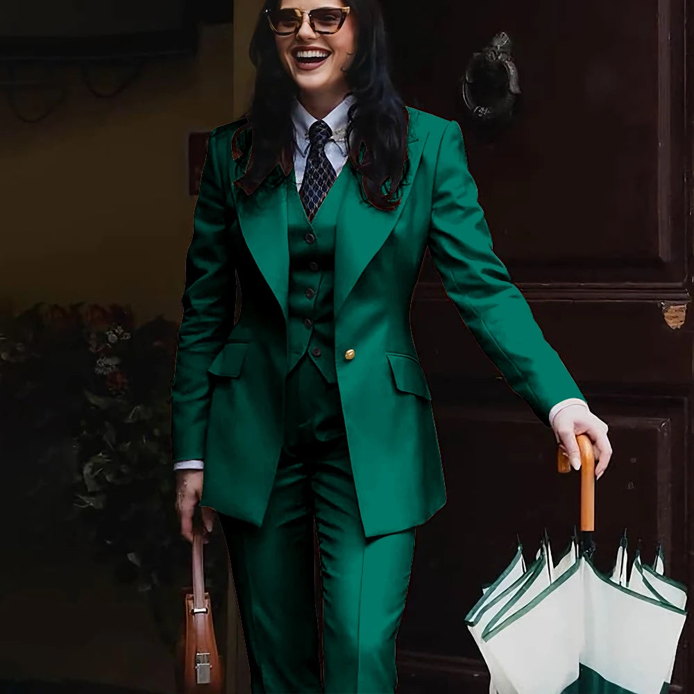 Autumn Retro Red Women's Jacket Pant Sets 3Piece Suit Single Button Peaked Lapel Blazer Formal Office Professional Outerwears -