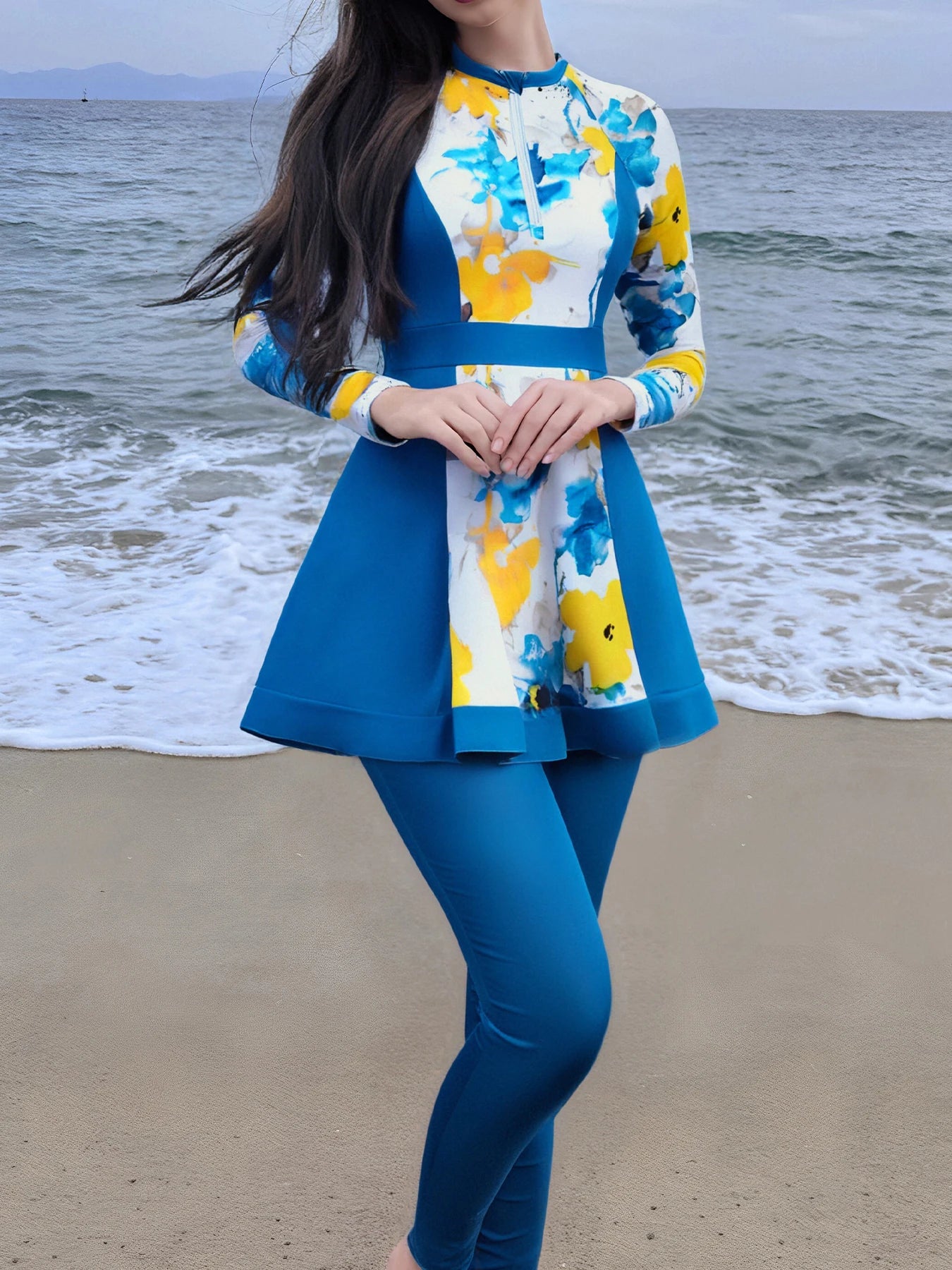 Stay covered and stylish in this long-sleeved swimsuit for women, perfect for added sun protection and a chic beach look. -