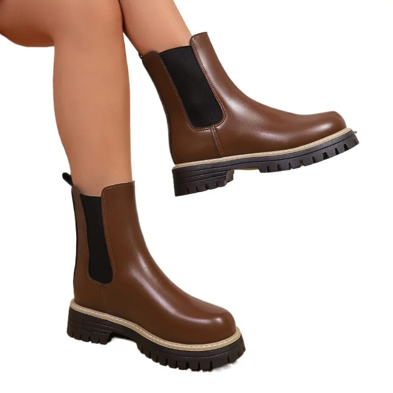 Shoes for Women Autumn and Winter New Round Toe Low Heel Women Boots Chelsea Motorcycle Boots Solid Color Casual Women Shoes 43 -