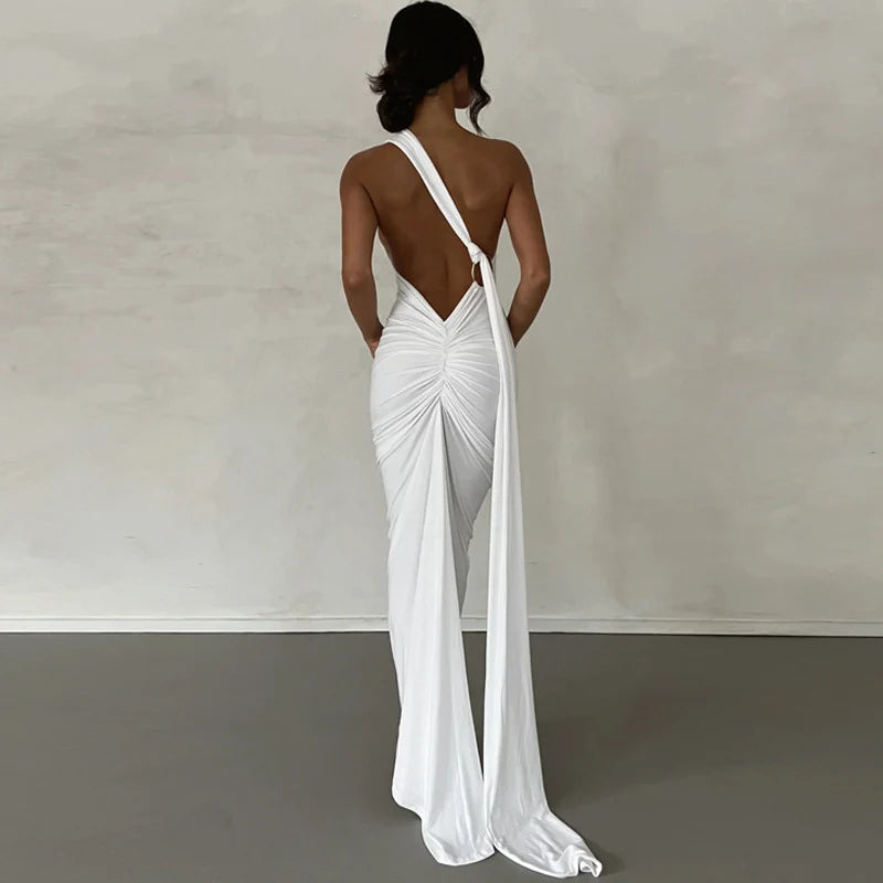 One Shoulder Sleeveless Backless Maxi Dress -