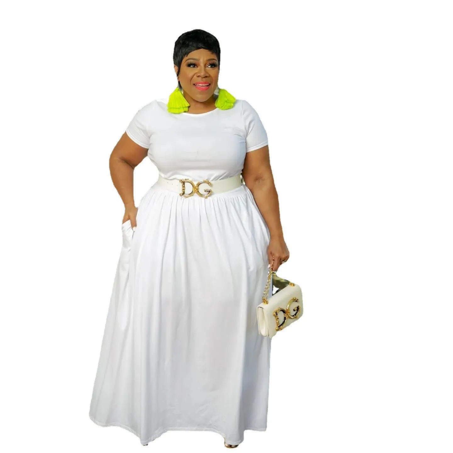 Plus Size Women Casual Dress Loose Solid Color High Waisted Short-sleeved Round Collar Ladies Dresses 4XL 5XL -