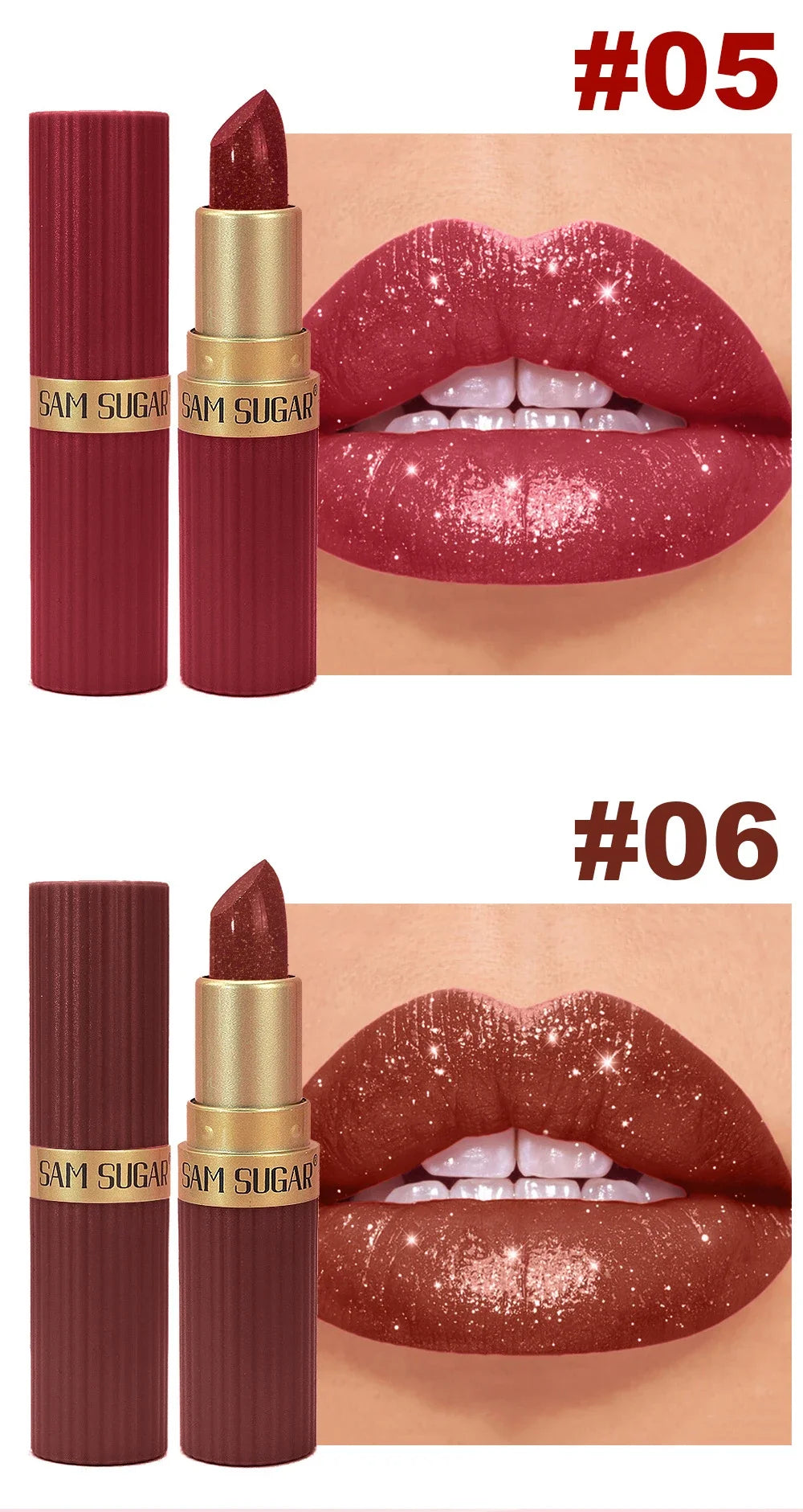 Chocolate Brown Luxurious Metallic Glitter Lipstick Long-Lasting Waterproof Non-Fade Shimmery Pearl Sparkling Lip Gloss Makeup -