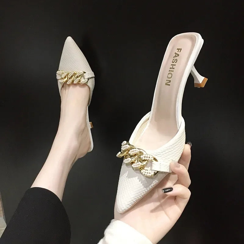 Baotou Half Drag Female Outside Wearing 2025 Summer New Fairy Wind Thin Heel Sandals High Heel Muller Slippers Slippers Women -