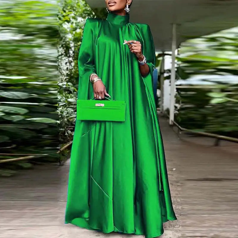 Plus Size 5XL VONDA 2023 Women Stand Collar Elegant Satin Dress Long Bat Sleeve Evening Pleated Maxi Sundress Casual Solid Robe -