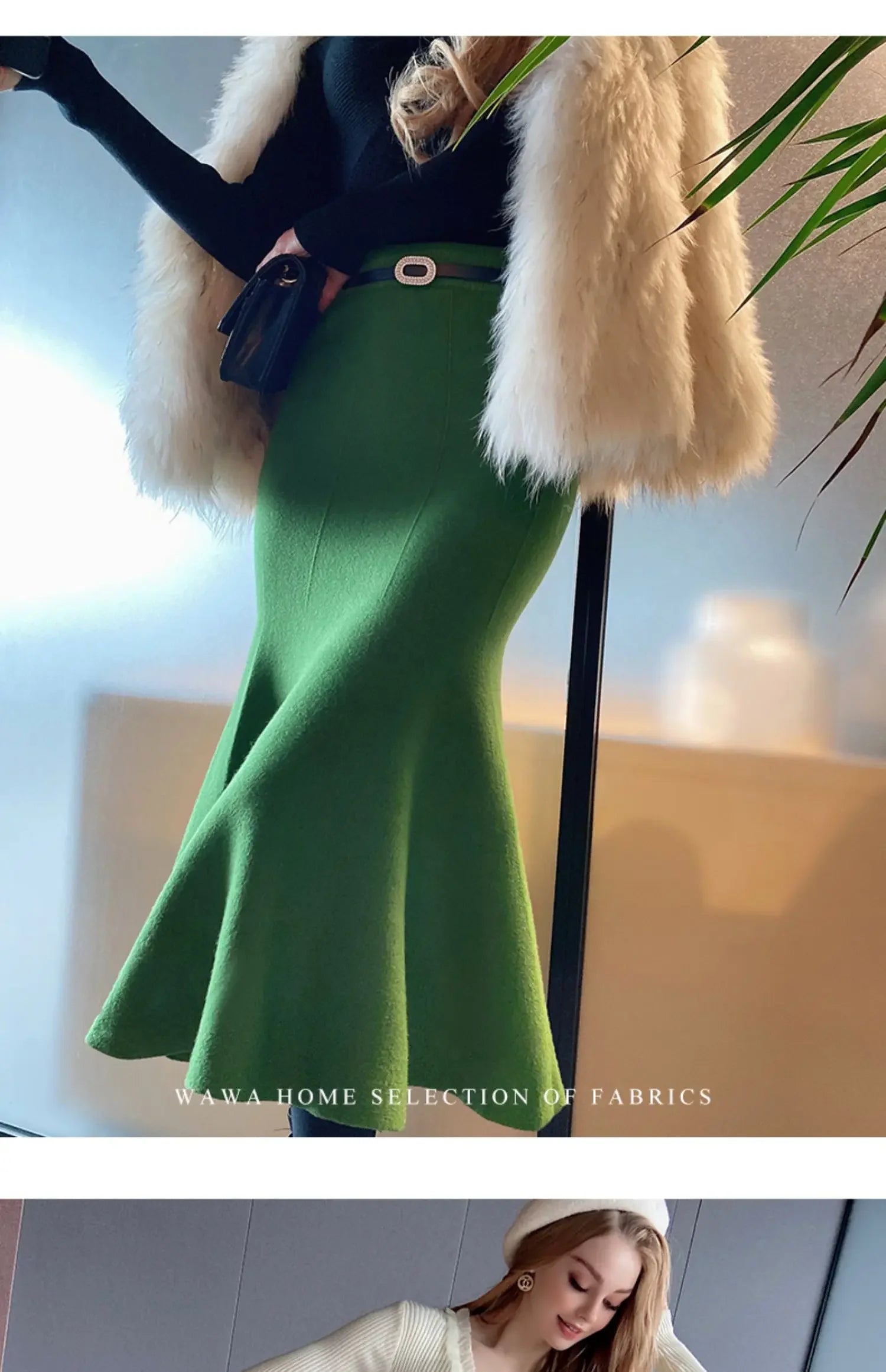 Women's Skirts Knitted Long Skirts for Women Fashion 2025 Autumn Winter Solid Color Green Vintage Slim A-LINE Skirts for Woman -