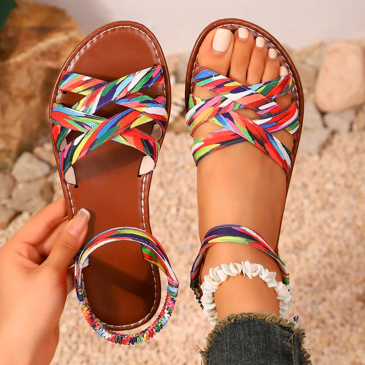 Shoes for Women 2025 Summer New Women Flat Sandals Bottom Roman Strap Sandals with Non Slip Rubber Soles Ladies Daily Sandalia -