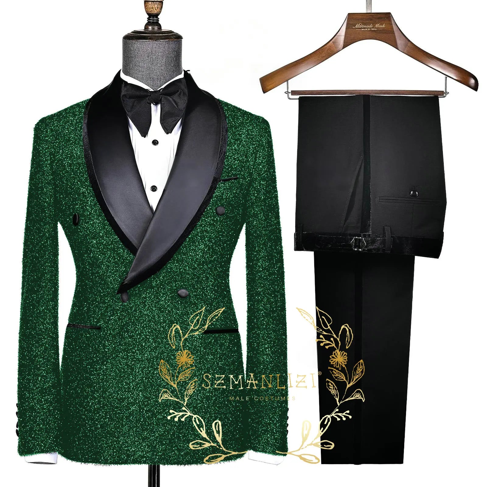Fashion Shiny Black Men's Suits Slim Fit Double Breasted Shawl Lapel 2 Piece Jacket Pants Male Clothing Prom Party Outfits -