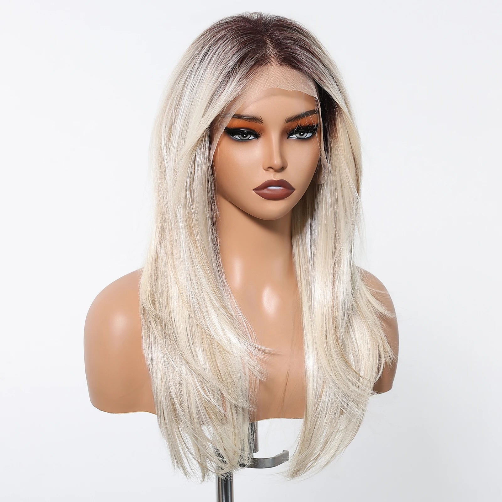 Glow with confidence wearing this ombre blonde platinum 13x6 lace frontal wig—long, straight, heat-resistant, and designed for a natural hairline, perfect for daily wear! -