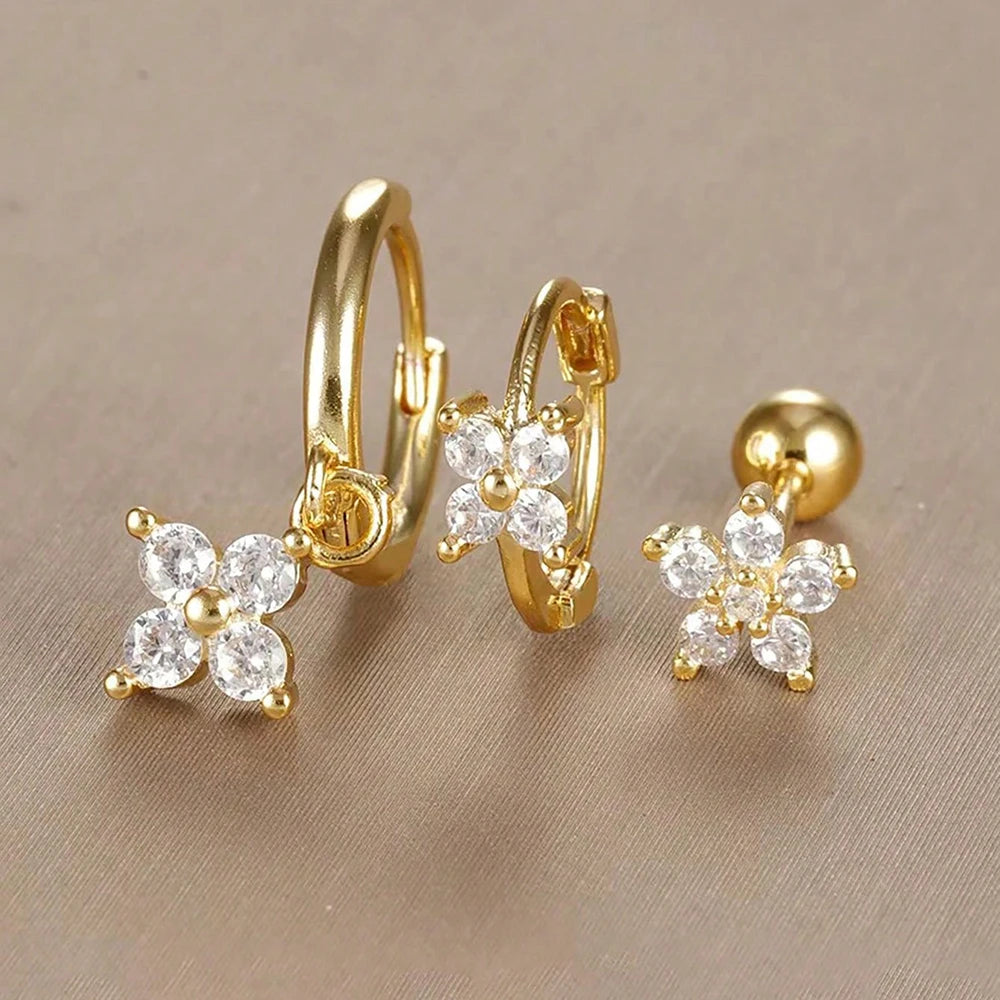 3PCS Stainless Steel Zircon Flower Earring Set for Women -