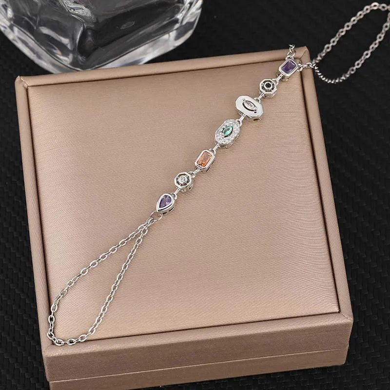 Stainless Steel Colorful Crystal Hand Chain Bracelet -