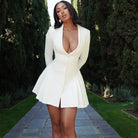 Women Elegant White Single-breasted Pleated Mini Dress -