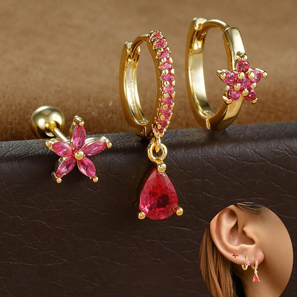3PCS Stainless Steel Zircon Flower Earring Set for Women -