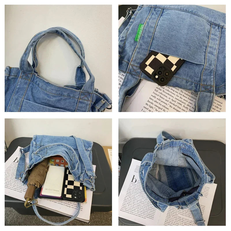 Elevate your casual look with this denim shoulder bag for women. Featuring a large design and zipper closure, this bag is perfect for shopping and everyday use, adding a touch of style to your outfit. -