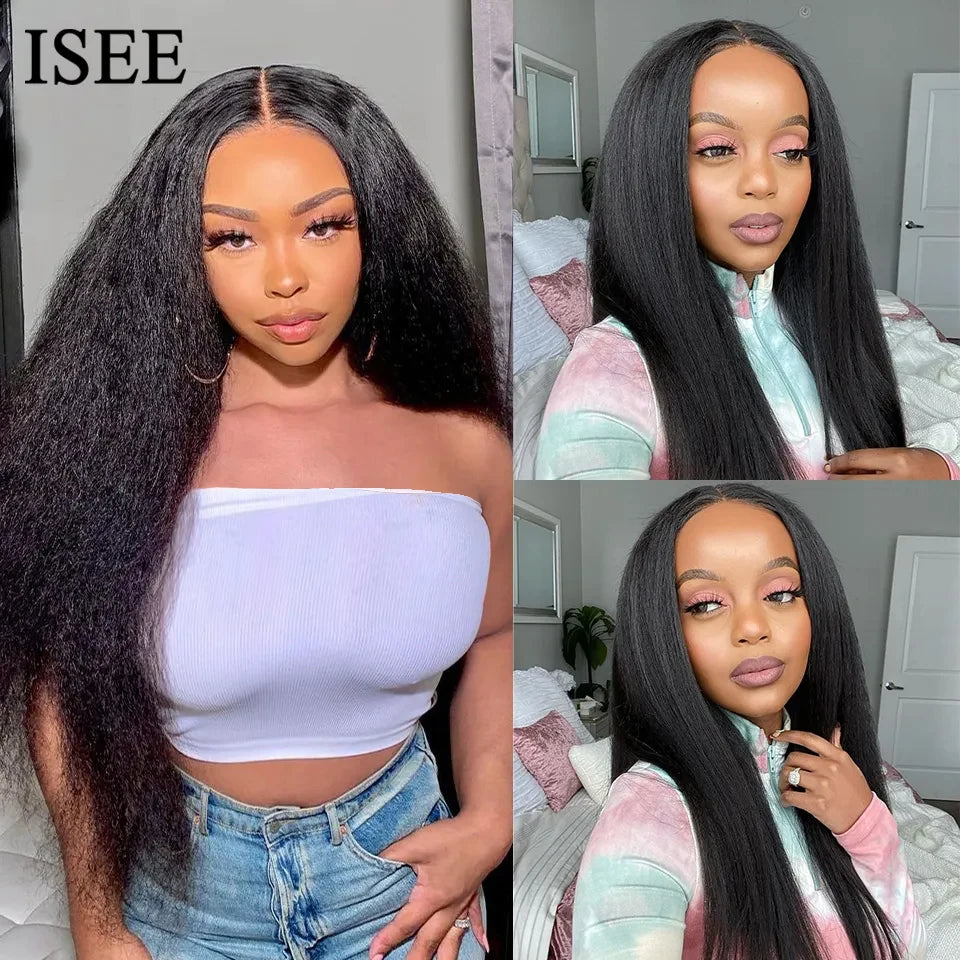 Wear Go Glueless Wigs ISEE Hair Brazilian Kinky Straight 7x5 HD 100% Glueless Preplucked Human Wigs Ready To Go Pre Cut No Glue -
