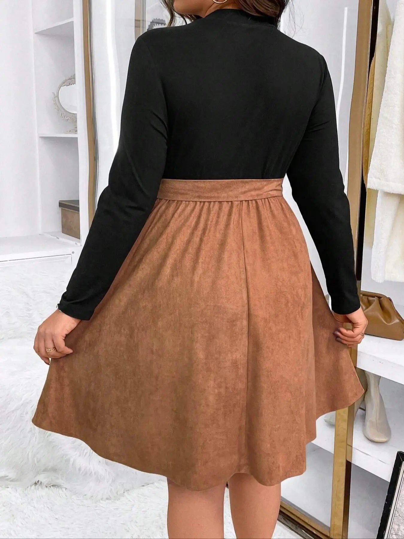 Women's patchwork dress with two-color waistband, plus size, autumn and winter, large size, double-color belt, A-line dress, can -