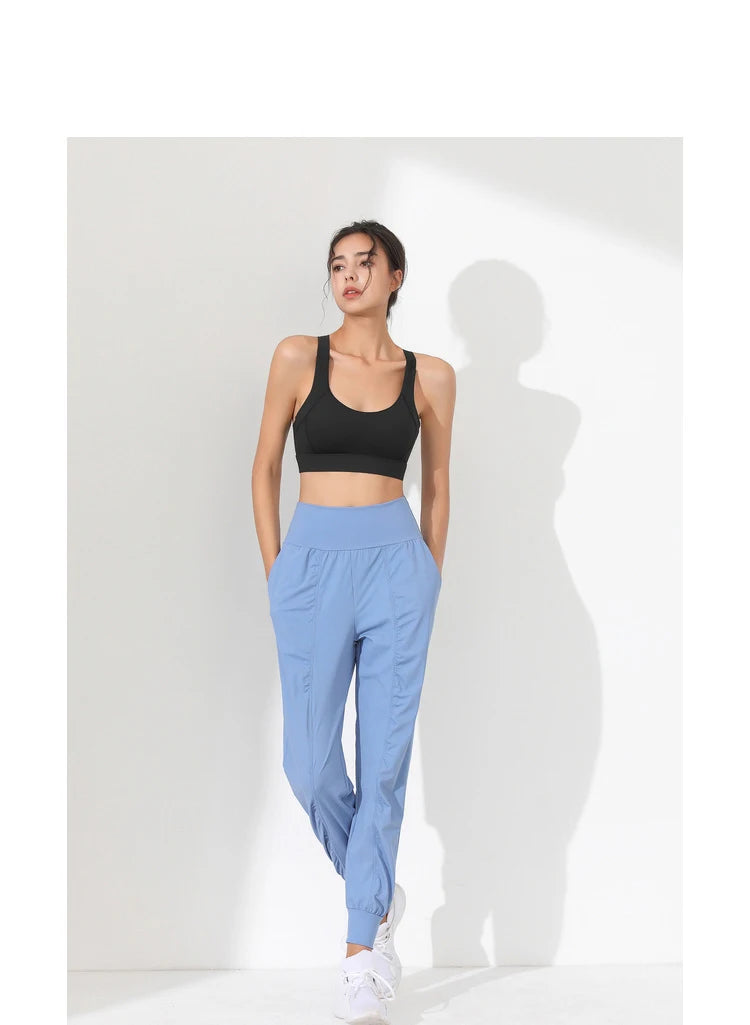 Woman Yoga Pants Hem Bound Running Fitness Loose Slim Quick-Dry Yoga Pants Pleated Capris Pockets Jogging Pants Sports pants -