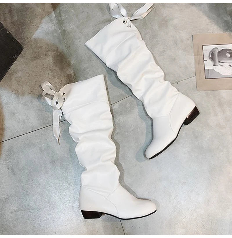 2023Shoes For Women Knee High Boots Red Black White Tall Boots Woman Pleated Low Heel Casual Leather Female Long Shoes -