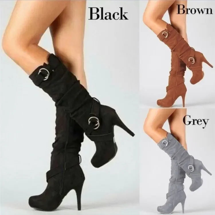 Make a statement with these new sexy knee-high women boots featuring thin, high heels. Perfect for adding a touch of elegance and style to any outfit! -