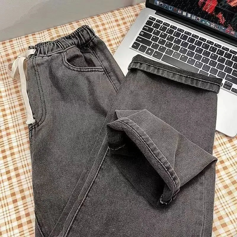 Blue Washed Denim Jeans for Men Straight Loose Fit -