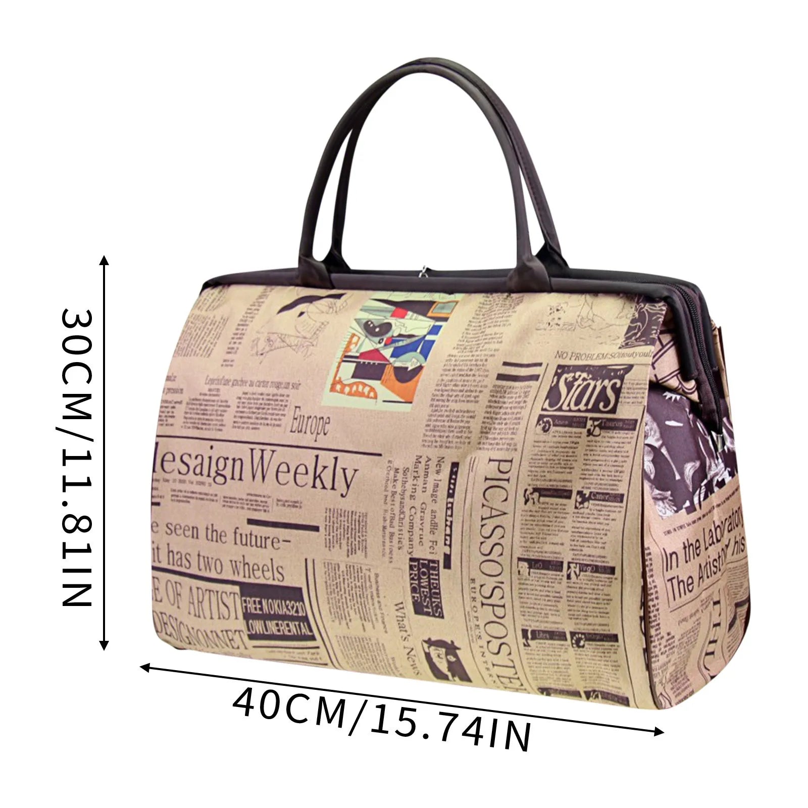 Travel in style with this waterproof handbag featuring a vintage newspaper print. Perfect for those looking for a chic and unique accessory to carry while on the go. -