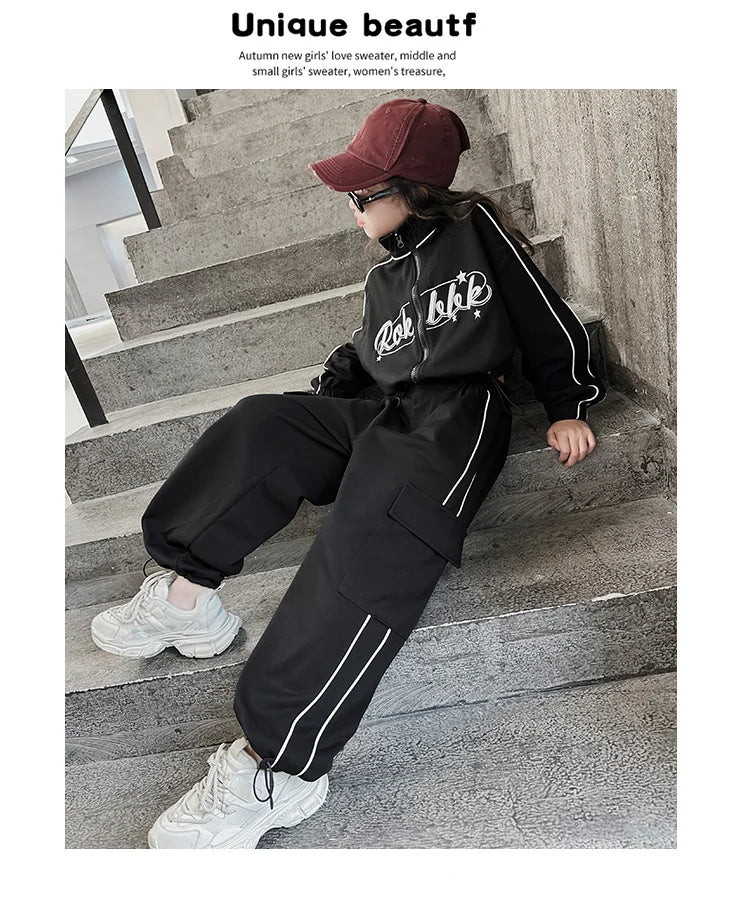 Teen children clothes Girl Dance Clothes Set Short Zipper Coat+Pants 2pcs Kids suit Tracksuits Clothing outfits 5 6 7 9 11 13 15 -