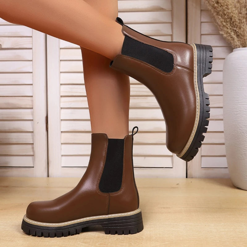 Shoes for Women Autumn and Winter New Round Toe Low Heel Women Boots Chelsea Motorcycle Boots Solid Color Casual Women Shoes 43 -