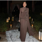 Elegant Women Pleated Irregular Patchwork Maxi Dress Chic Long Sleeve High Neack Dresses 2025 Summer Turtleneck Party Prom Gowns -