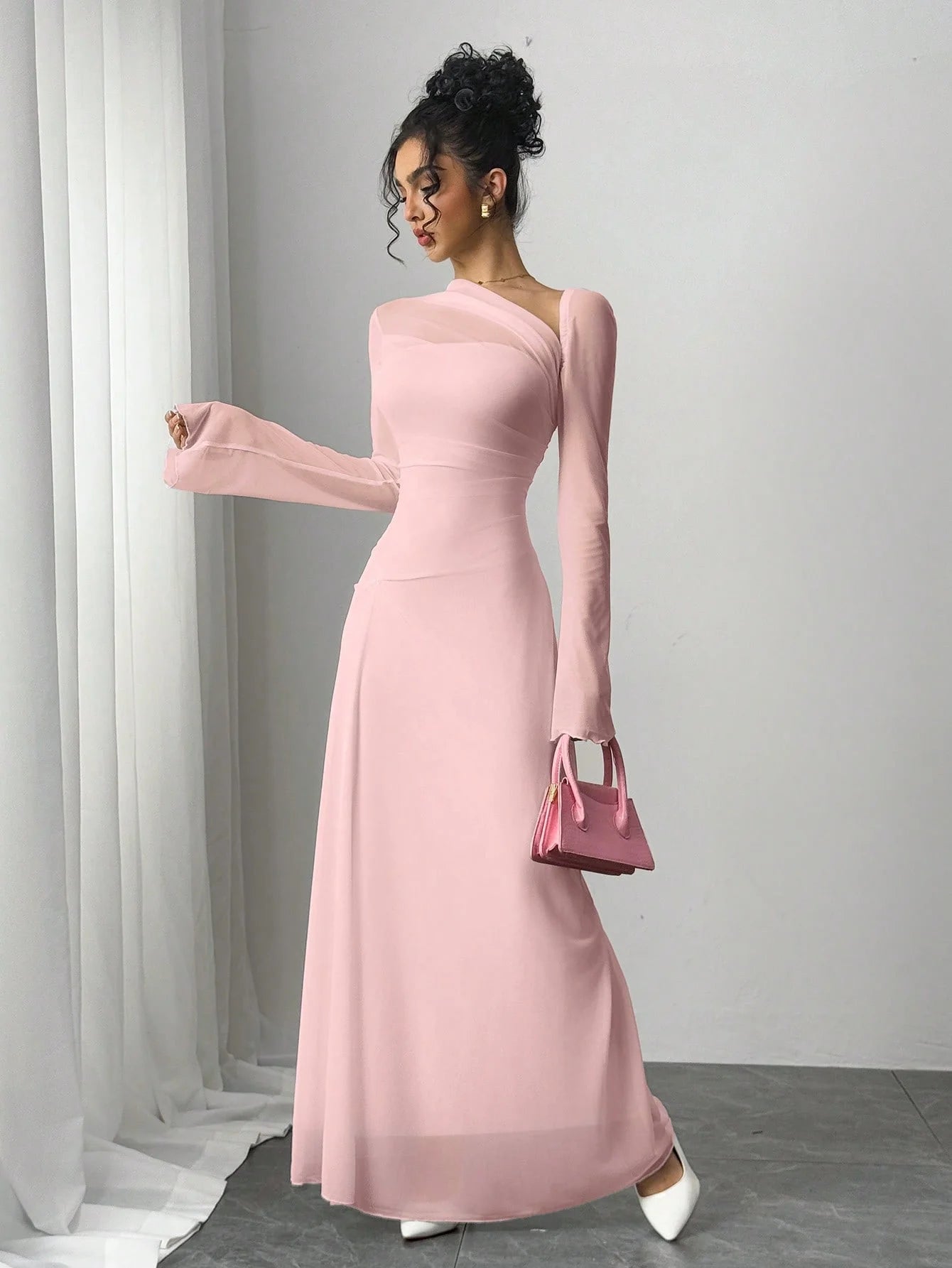 Women's pink tulle explosion slim irregular diagonal shoulder long dress -