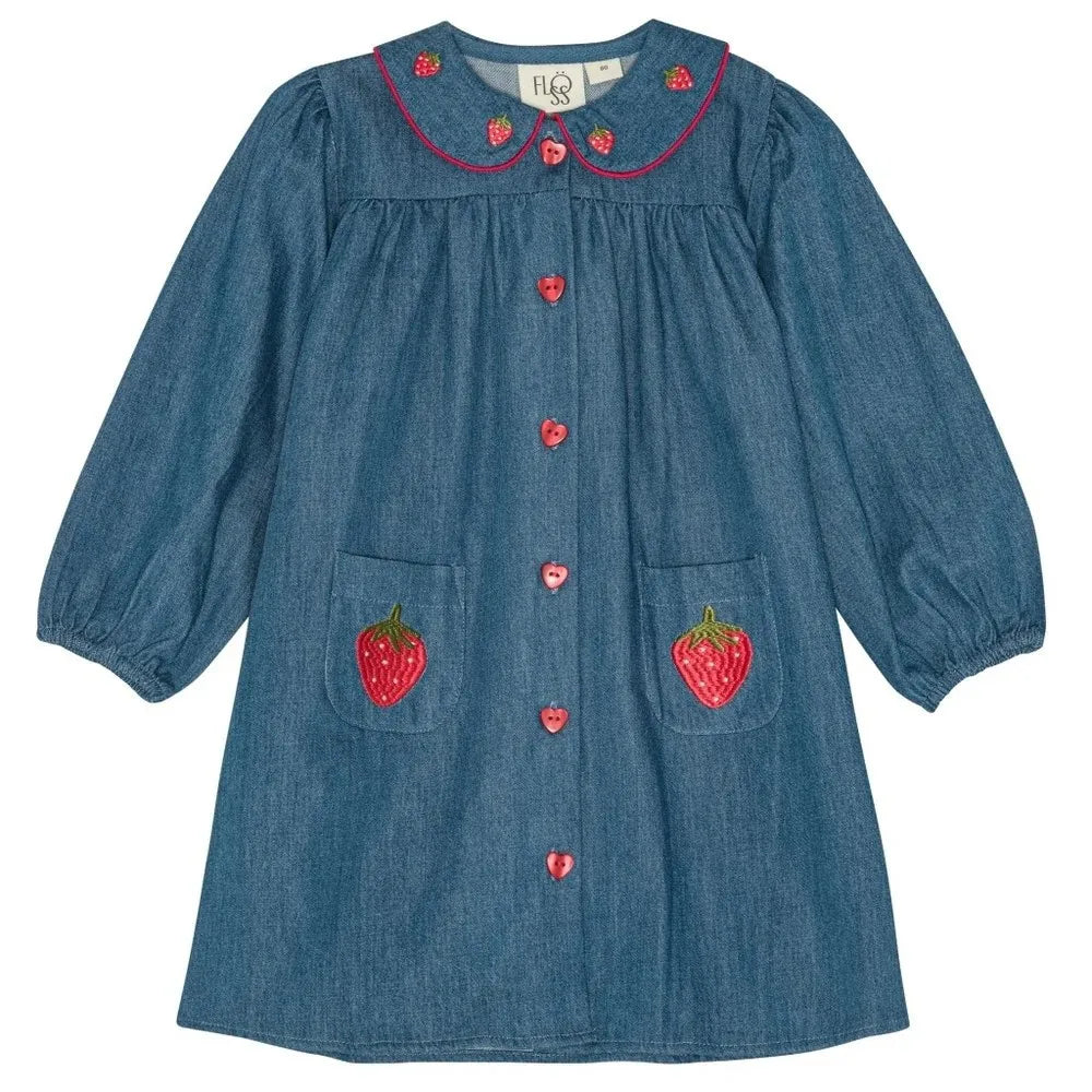 Kids Girls Clothes 25AW New Toddler Cute Bow Strawberry Printed Dresses Denim Vest Dress Jeans Children Clothing -