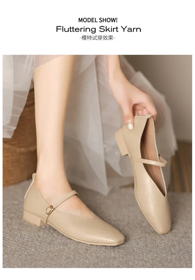 Woman Spring Casual Square Toe Low Soft Soled Shoes Lolita Ballerina Red Flats Female Elegant French Retro Buckle Mary Janes -