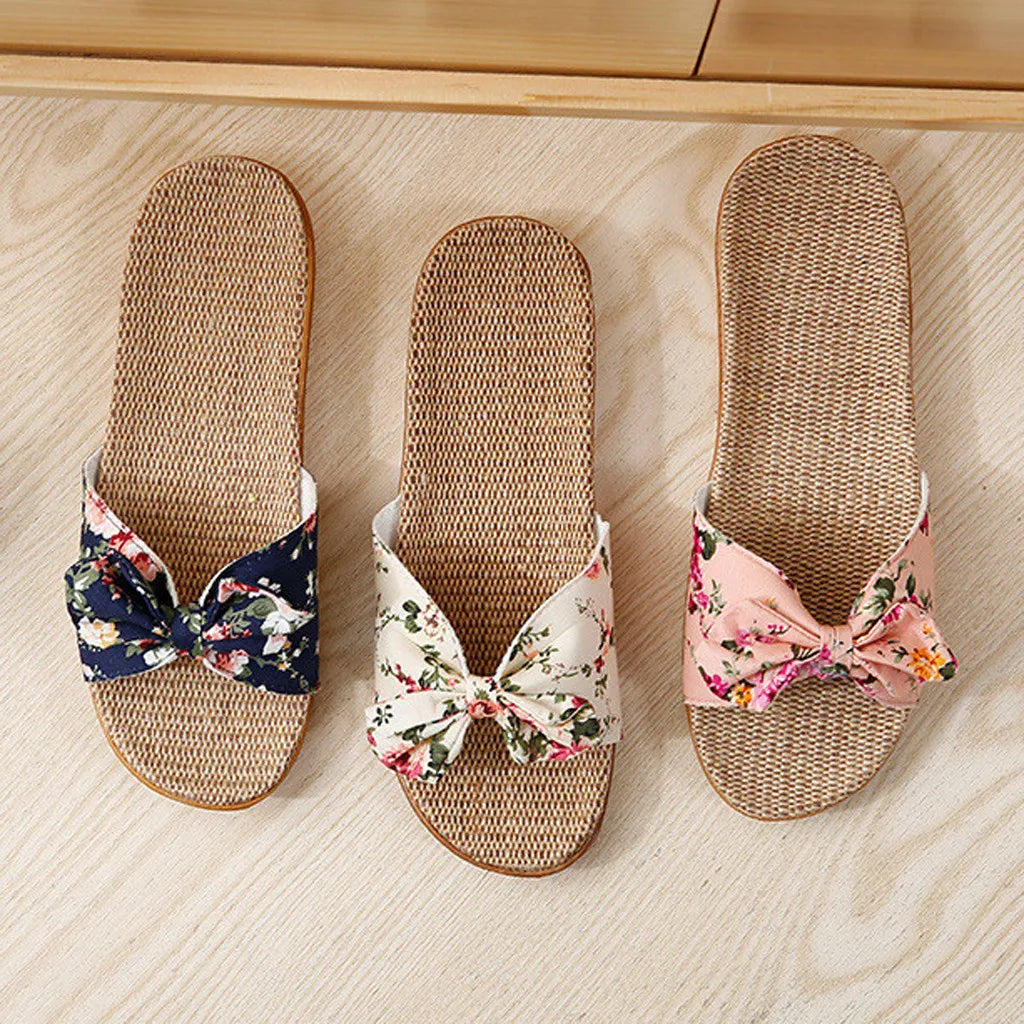Ladies' Bohemian Style Bow Flower Linen Slippers Sandals Beach Shoes Home Shoes Beach Slippers Indoor Non Slip Shoes 2024 -
