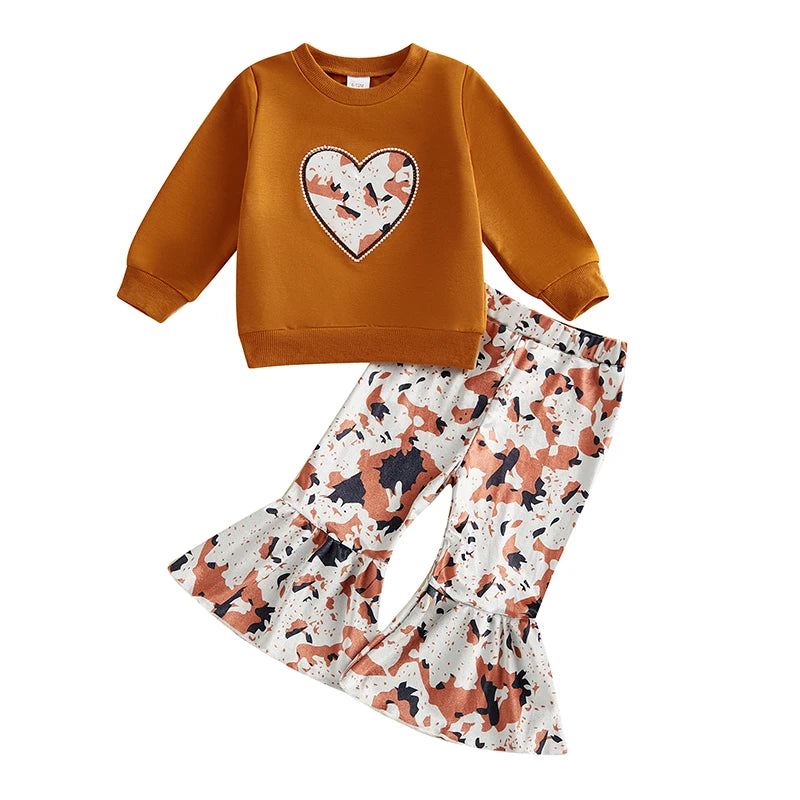 Little Girls 2PCS Fall Sets Long Sleeve O Neck Tops Leopard Print Flared Pants Set -