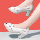 Cresfimix Women Classic High Quality White Pu Leather Peep Toe Square Heel Shoes Lady Cool Black Office Summer Heels A9841 -