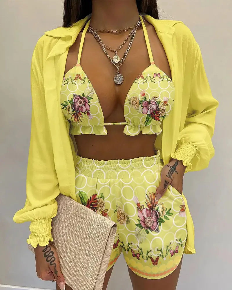2024 New Bathing Suit Shorts Cover Up Summer Three Pieces Swimwear Sexy Beachwear High Waist Bikini Set Print Women's Swimsuit -