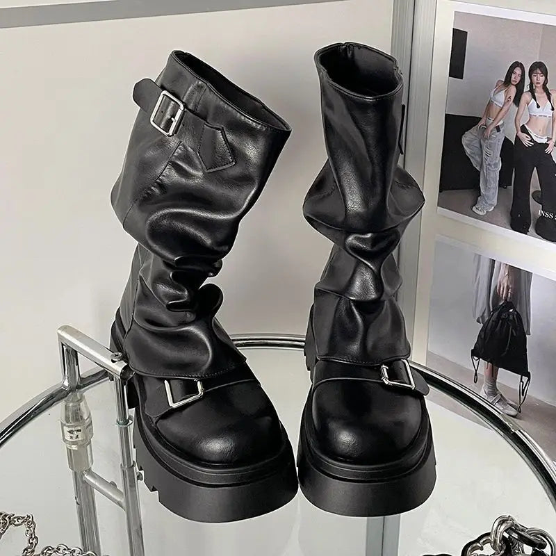 Shoes for Women 2024 Mid-Calf Women's Boots Platform Modern Boots Women Belt Buckle Square Toe Side Zip Square Heel Shoes Female -