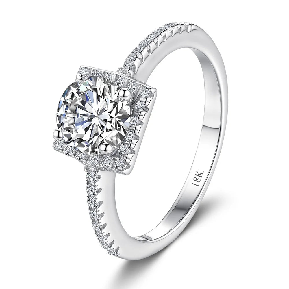 CKT Real 18k White Gold 1 Carat Moissanite Diamond Ring for Women Square with Platinum Pt950 Generous Four Claws Fine Jewelry -