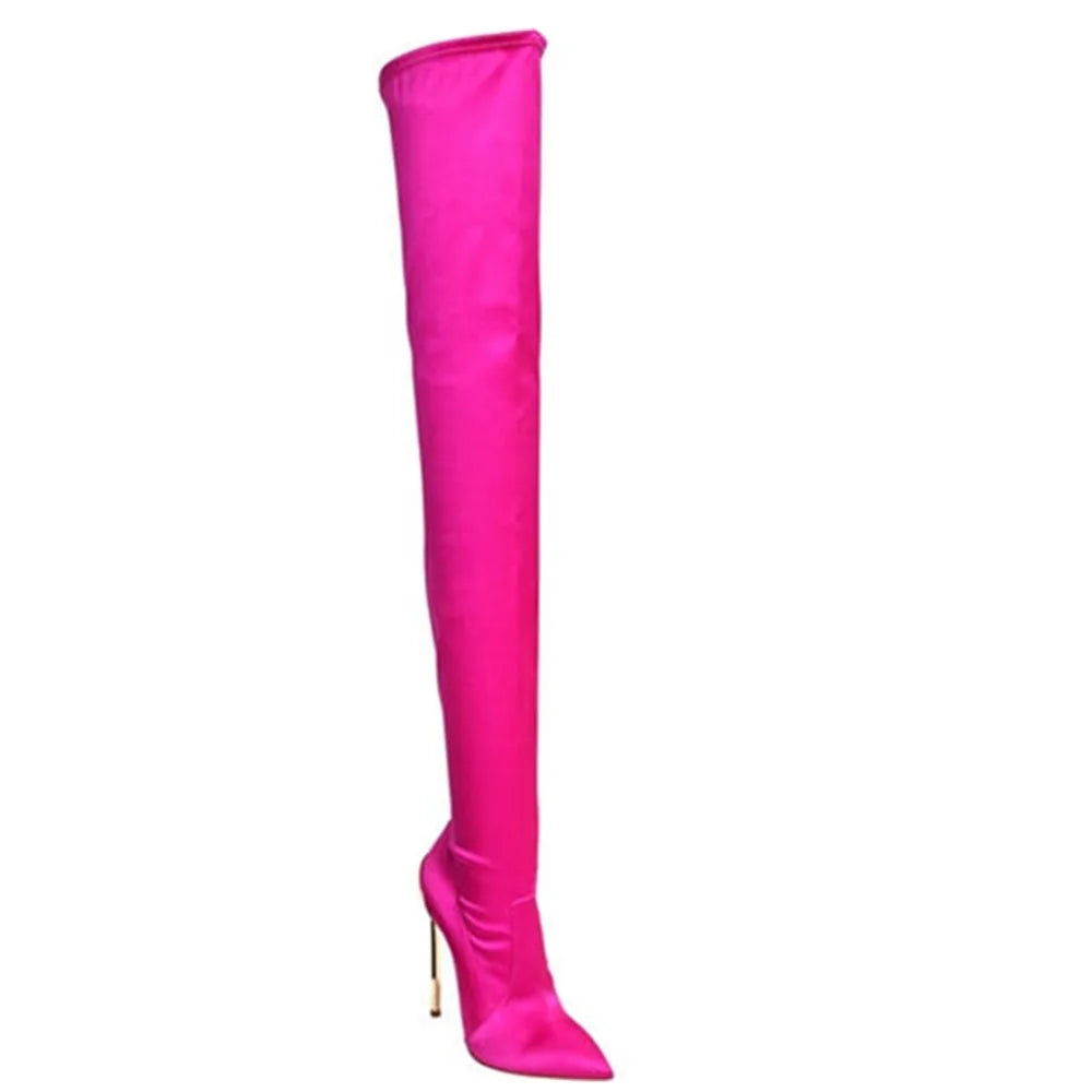 Arden Furtado 2025 Autumn Stretch boots Metal stiletto heels Over the knee boots Pointed Toe Super high heel thigh high boots 41 -