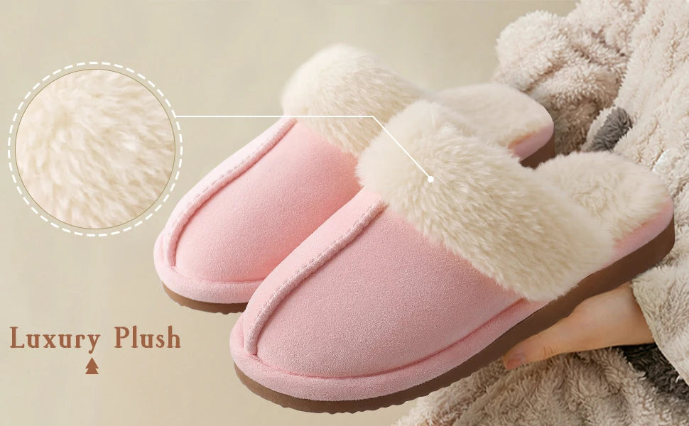 Evshine Women Plush Cotton Slippers Winter Indoor Warm Soft House Slipper Comfort Memory Foam Slides Outdoor Fur Fuzzy Flat Shoe -