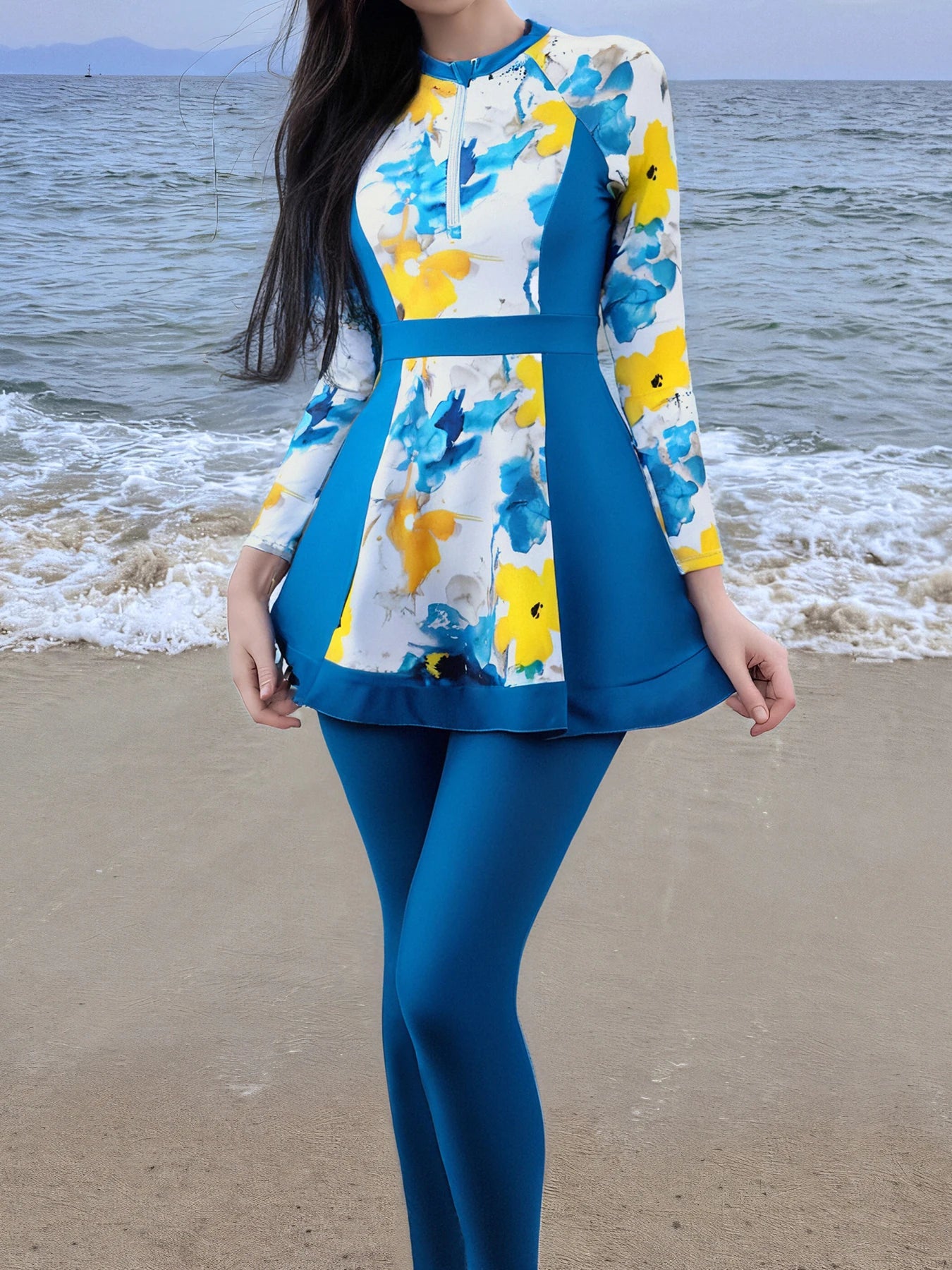 Stay covered and stylish in this long-sleeved swimsuit for women, perfect for added sun protection and a chic beach look. -