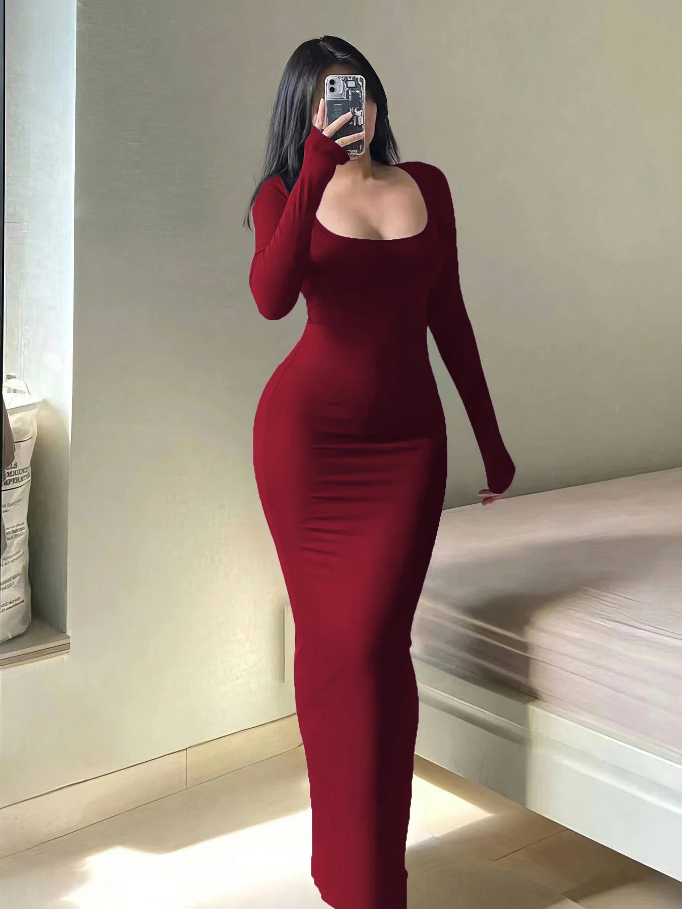 Women's Solid Long Sleeve Dress -