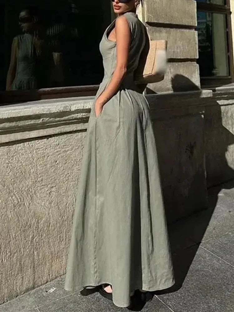 MUJER Zipper Long Dress Woman Pleated Sleeveless Bodycon Dress Summer Elegant Party Dresses For Women 2025 New Midi Dresses -