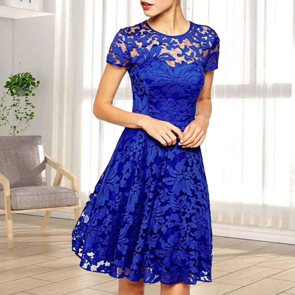 Make a chic statement with this elegant women's dress featuring an O-neck design, transparent lace, and hollow detail—a perfect choice for a sophisticated and stylish look. -