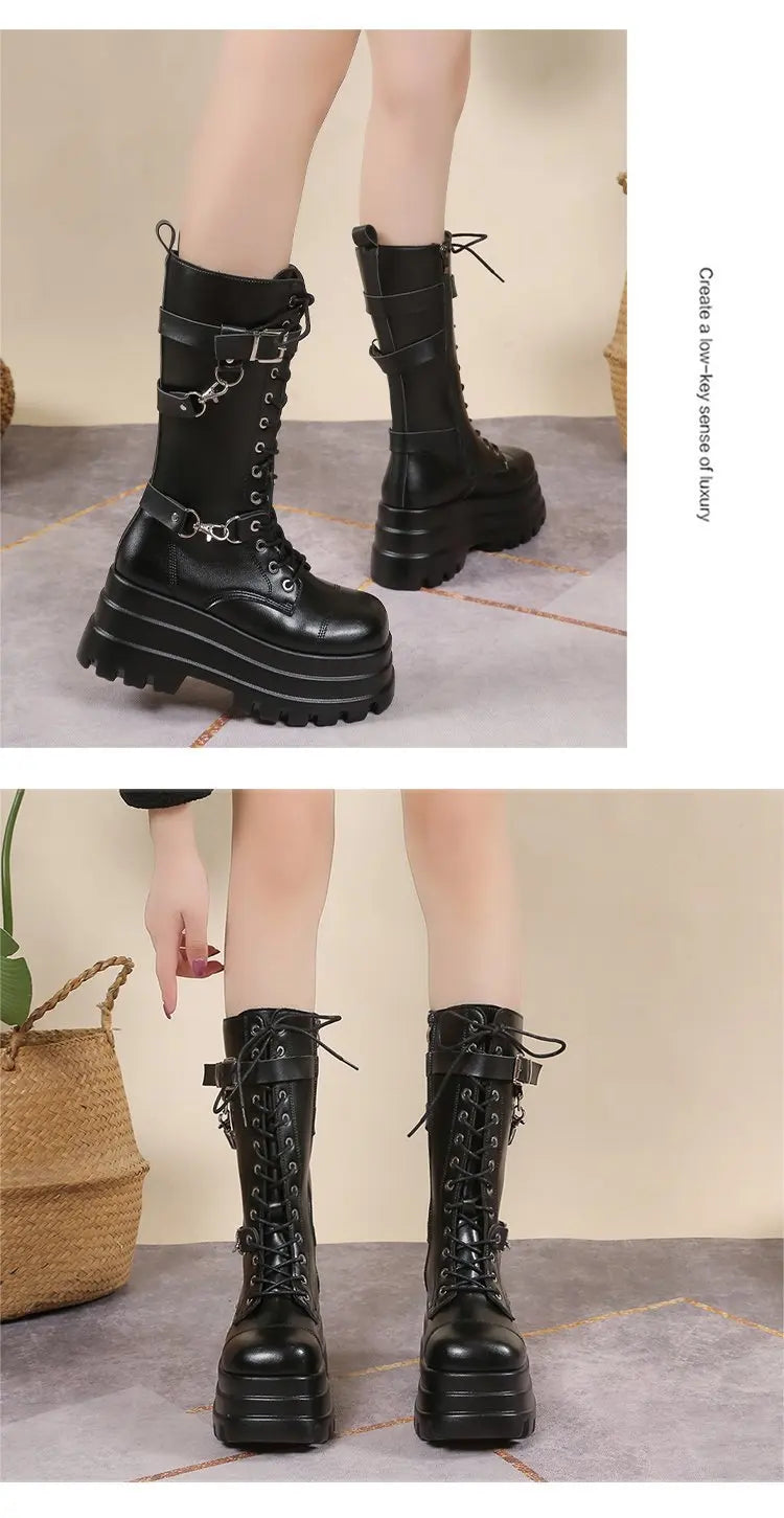 Plus Size 43 Autumn Women Boots Buckle Round Toe Wedges Platform Boots Punk Goth INS Women Street Shoes Combat Boots for Women -