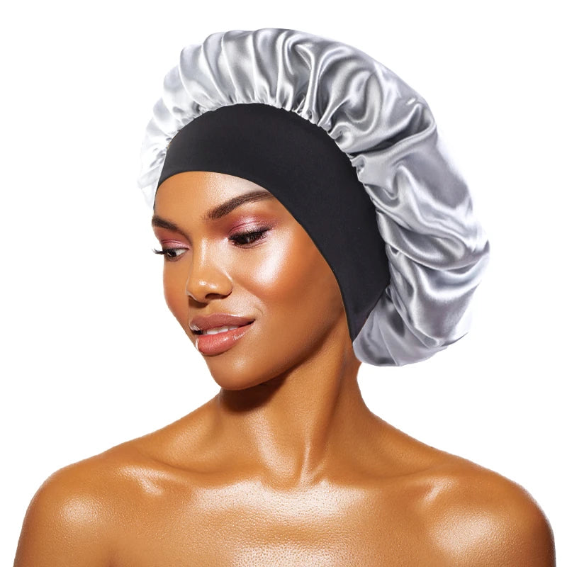 Protect your hair in style with these satin solid bonnets. Featuring a wide-brim design, these hats are perfect for night sleeping or bathing and are suitable for both men and women. -