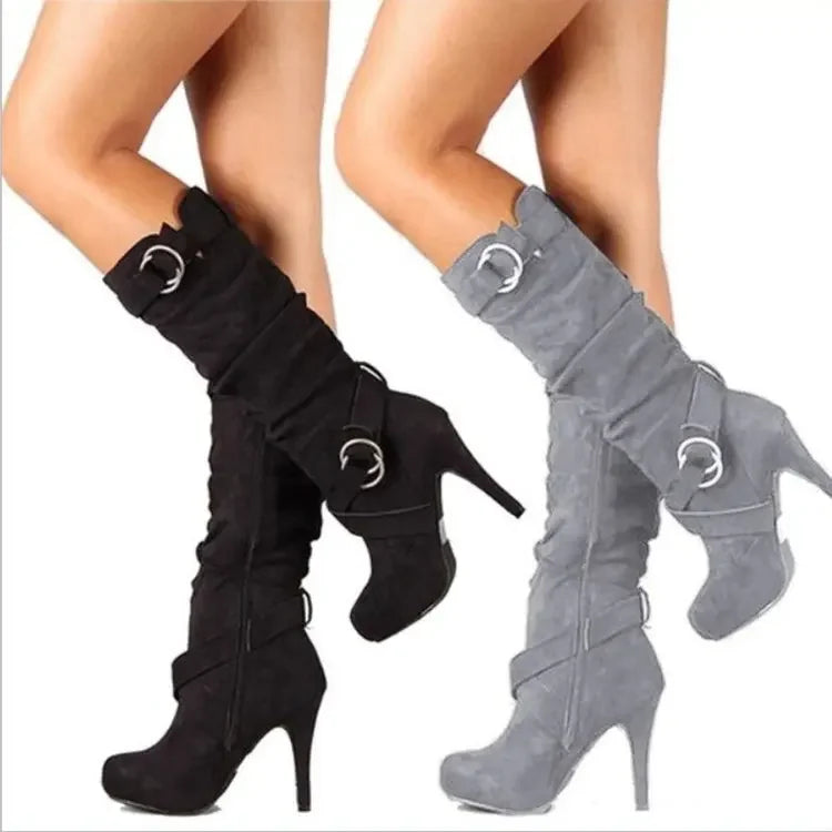 Make a statement with these new sexy knee-high women boots featuring thin, high heels. Perfect for adding a touch of elegance and style to any outfit! -