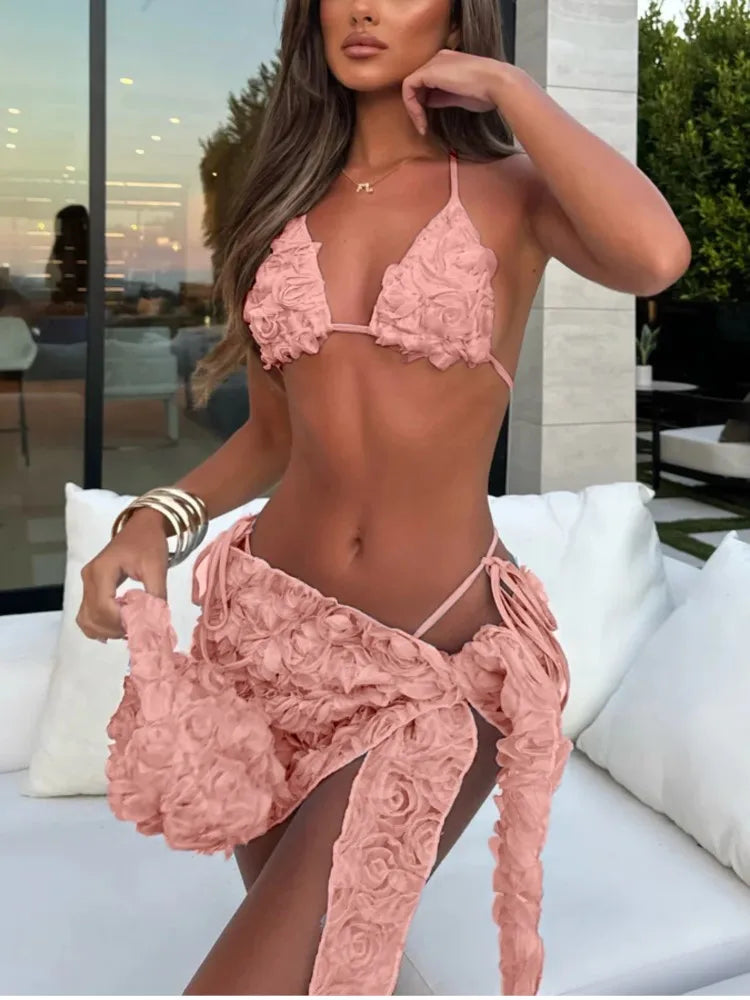 Bikini Bodysuit Swimwear Women With Skirt Bathing Suit Summer New Ruffle Splice Print Beachwear Holiday Bikini Cover Ups Outfits -